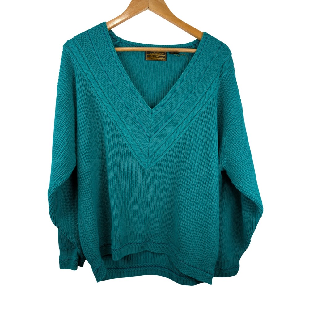 Vintage Eddie Bauer Teal Green Cotton Cable Knit V-Neck Sweater Womens Large